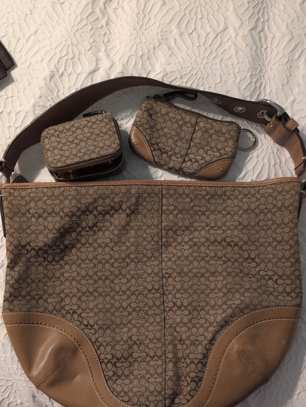 Vintage Coach Brown Signature Canvas Hobo Bag with Coin Pouch Set And Pill Case